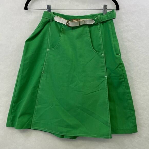 Vintage Green Skort Skirt Shorts 1970 Size 12 Retro Mid Mod 1960 White Belt - Picture 6 of 11
